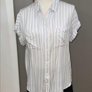 Light Blue and White Striped Button-Up Short Sleeved Women's Top